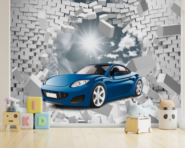 Blauwe auto scheurt door bakstenen muur Fotobehang Blauwe auto scheurt door bakstenen muur