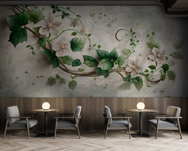 Schilderij van bloemen en bladeren Fotobehang Schilderij van bloemen en bladeren