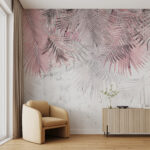 Fotobehang Pastel palmbladeren op witte achtergrond.