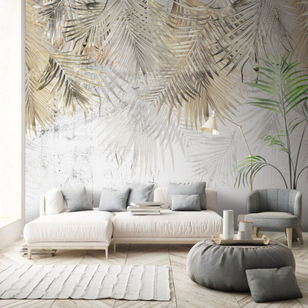 Elegante palmbladeren op gestructureerde achtergrond Fotobehang Elegante palmbladeren op gestructureerde achtergrond