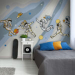 Fotobehang Cartoon van een astronaut met een raket op zijn hoofd