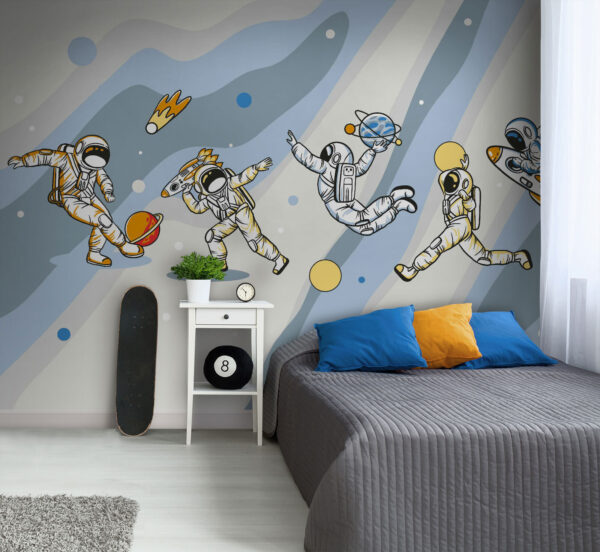 Cartoon van een astronaut met een raket op zijn hoofd Fotobehang Cartoon van een astronaut met een raket op zijn hoofd