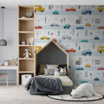 Fotobehang Patroon van auto's en gebouwen