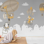 Fotobehang Giraffe en pinguïn op een heteluchtballon