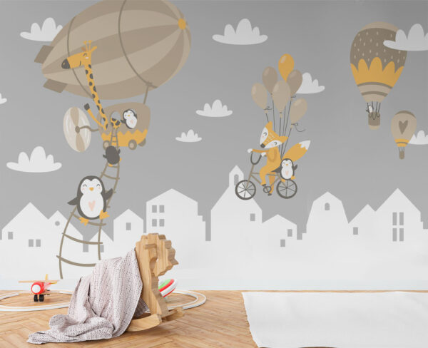 Giraffe en pinguïn op een heteluchtballon Fotobehang Giraffe en pinguïn op een heteluchtballon
