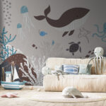 Fotobehang Blauwe zeesterren op een witte achtergrond