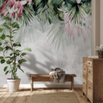 Fotobehang Ontwerp van tropische bladeren en bloemen.
