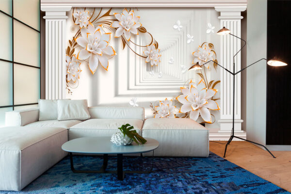 Florale elegantie met architecturale pilaren Fotobehang Florale elegantie met architecturale pilaren