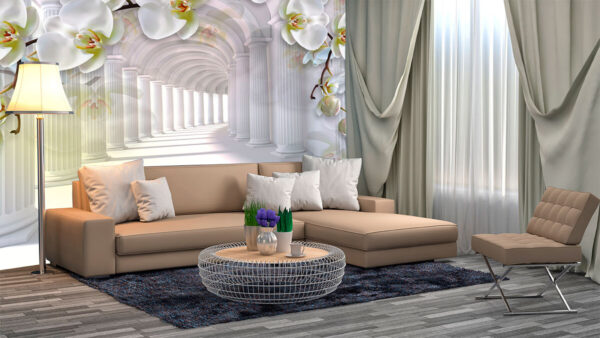 Witte orchideeën omlijsten majestueuze zuilen Fotobehang Witte orchideeën omlijsten majestueuze zuilen
