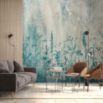 Fotobehang Blauwe silhouetten van wilde bloemen op canvas.
