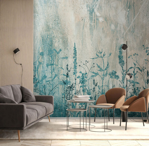 Blauwe silhouetten van wilde bloemen op canvas Fotobehang Blauwe silhouetten van wilde bloemen op canvas