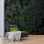 Fotobehang Zwarte zeshoeken met groen licht