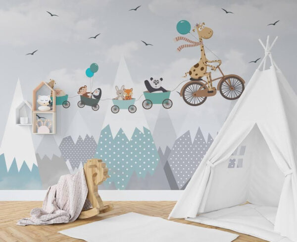 Giraffe op een fiets Fotobehang Giraffe op een fiets