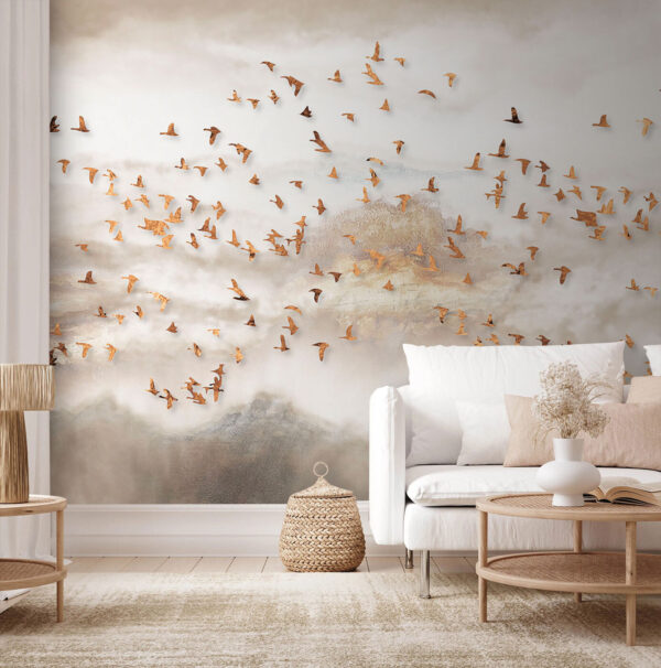 Groep vogels vliegend in de lucht Fotobehang Groep vogels vliegend in de lucht