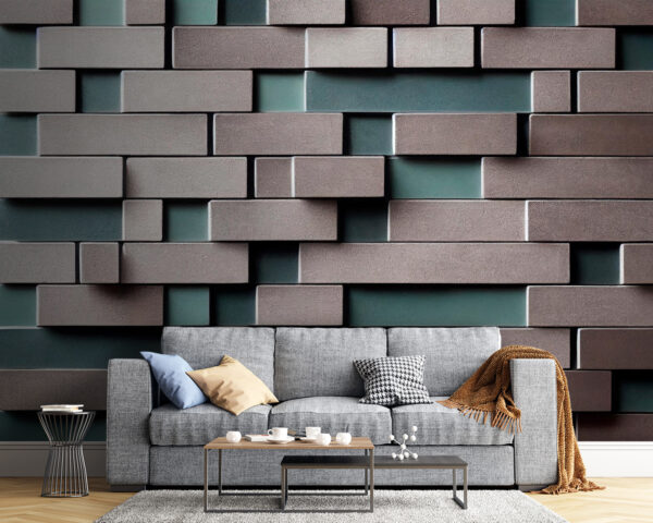Baksteenpatroon met groenblauwe accenten Fotobehang Baksteenpatroon met groenblauwe accenten