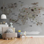 Fotobehang Wereldkaart met dieren