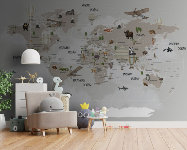 Wereldkaart met dieren Fotobehang Wereldkaart met dieren