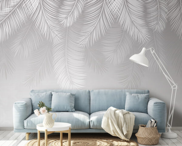 Silhouet van elegante palmbladeren Fotobehang Silhouet van elegante palmbladeren