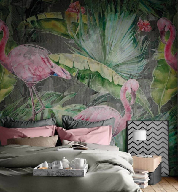 Roze flamingo en groene bladeren Fotobehang Roze flamingo en groene bladeren