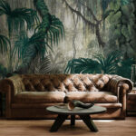 Fotobehang Dichte jungle met weelderig groen gebladerte.
