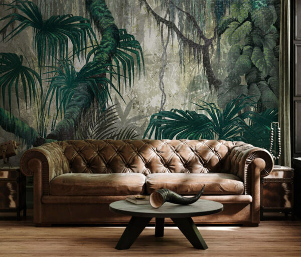 Dichte jungle met weelderig groen gebladerte Fotobehang Dichte jungle met weelderig groen gebladerte