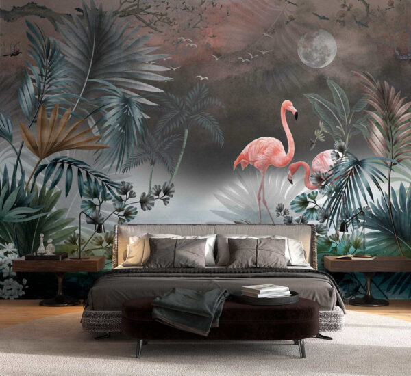 Flamingo's in een sereen tropisch paradijs Fotobehang Flamingo's in een sereen tropisch paradijs