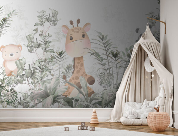 Giraffe en panda in een jungle Fotobehang Giraffe en panda in een jungle