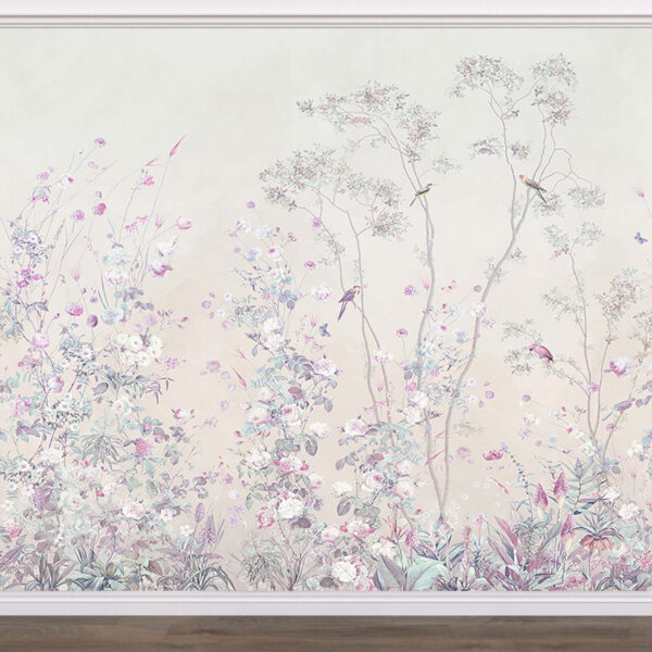 Pastelkleurige bloemen en vogels in harmonie Fotobehang Pastelkleurige bloemen en vogels in harmonie