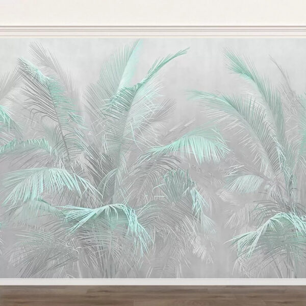 Pastelkleurige palmbladeren in zachte mist Fotobehang Pastelkleurige palmbladeren in zachte mist