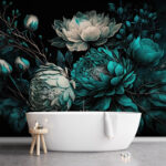 Fotobehang Levendige bloemen bloeien in groenblauwe tinten.