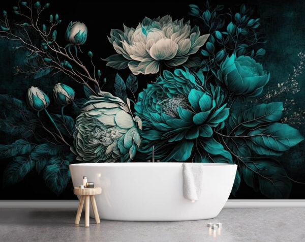Levendige bloemen bloeien in groenblauwe tinten Fotobehang Levendige bloemen bloeien in groenblauwe tinten