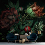 Fotobehang Levendige bloemen in dramatisch licht.
