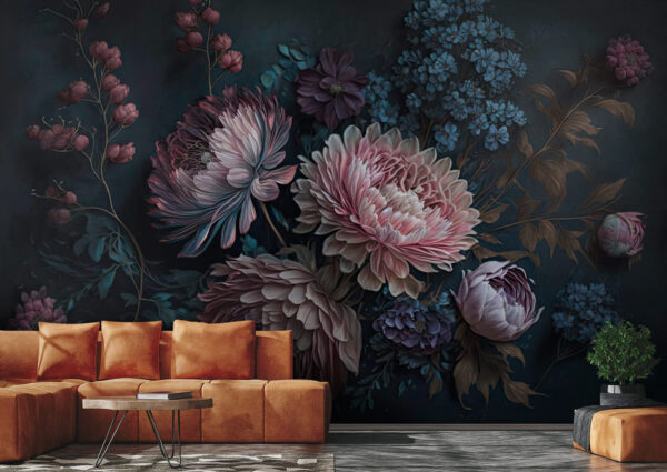 Levendig bloemstuk in donkere tinten Fotobehang Levendig bloemstuk in donkere tinten
