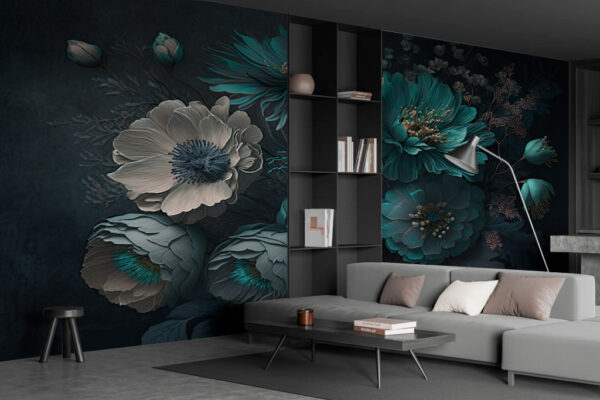 Florale elegantie in rustgevende groenblauwe tinten Fotobehang Florale elegantie in rustgevende groenblauwe tinten