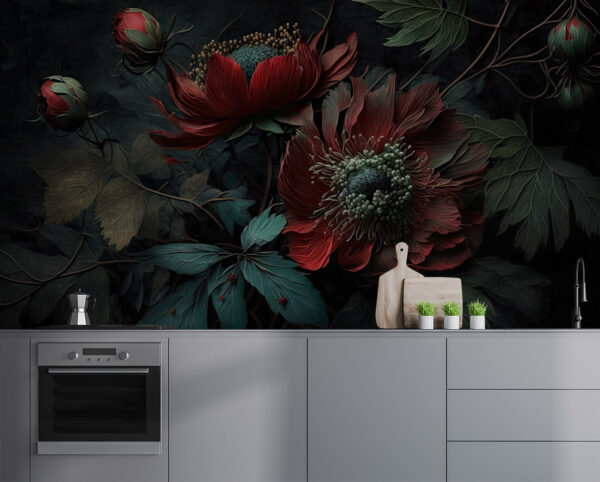 Levendige bloemen tegen donkere achtergrond Fotobehang Levendige bloemen tegen donkere achtergrond