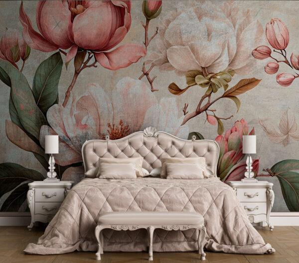 Vintage bloemenillustratie met magnolia's Fotobehang Vintage bloemenillustratie met magnolia's