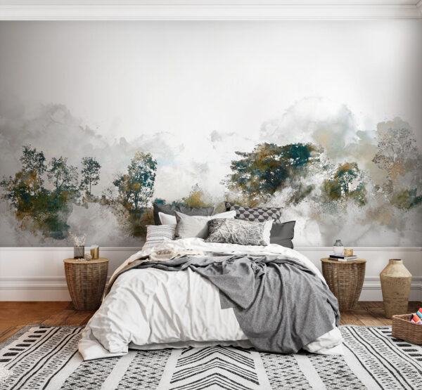 Schilderij van bomen en wolken Fotobehang Schilderij van bomen en wolken