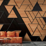 Fotobehang Geometrische driehoeken met houten textuur.