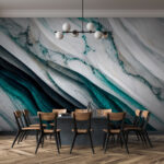 Fotobehang Turquoise en witte vloeiende lagen.