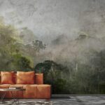Fotobehang Mistig bos met bomen