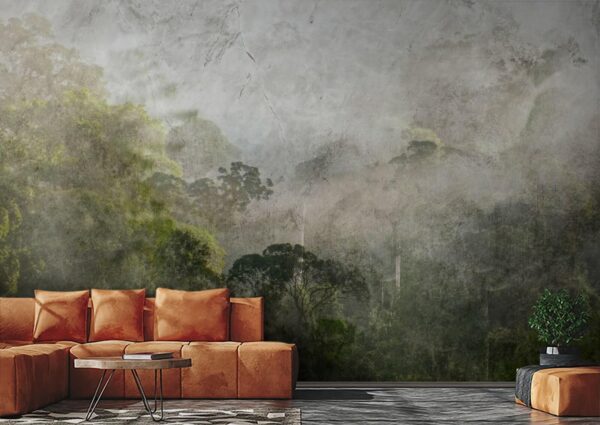 Mistig bos met bomen Fotobehang Mistig bos met bomen