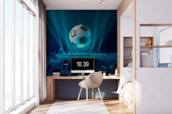 Drijvende voetbal over verlichte stad Fotobehang Drijvende voetbal over verlichte stad