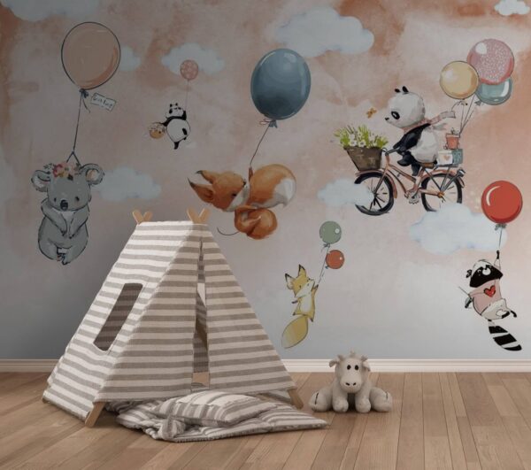 Cartoon dieren vliegen met ballonnen Fotobehang Cartoon dieren vliegen met ballonnen