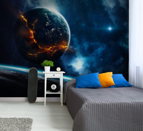 Planeet met vuur op de achtergrond Fotobehang Planeet met vuur op de achtergrond