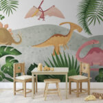 Fotobehang Groep dinosaurussen met bladeren