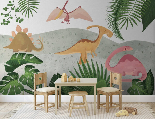 Groep dinosaurussen met bladeren Fotobehang Groep dinosaurussen met bladeren
