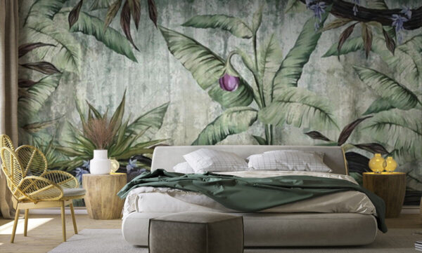 Tropisch blad met paarse bloem Fotobehang Tropisch blad met paarse bloem