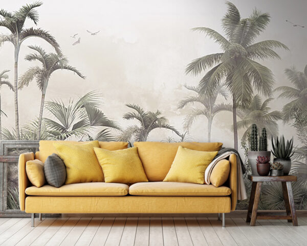 Palmbomen en rotsen in een mistige omgeving Fotobehang Palmbomen en rotsen in een mistige omgeving
