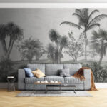 Fotobehang Landschap met palmbomen en struiken