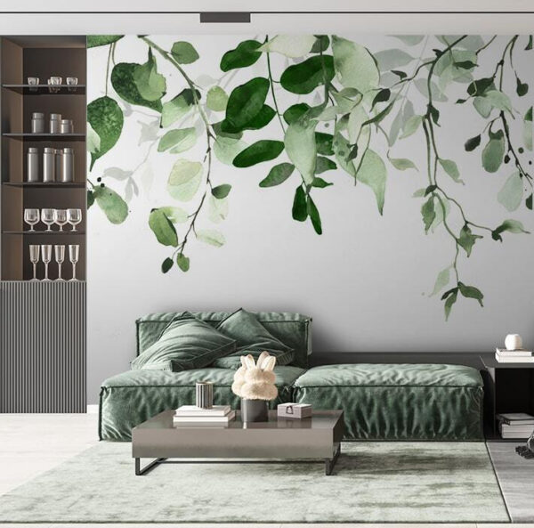 Aquarel groene bladeren op wit Fotobehang Aquarel groene bladeren op wit